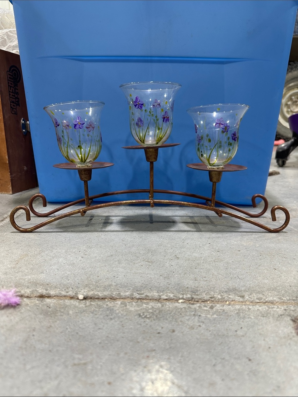 Hand-Painted Purple Floral Glass Triple Candle Holder with Rustic Metal Stand